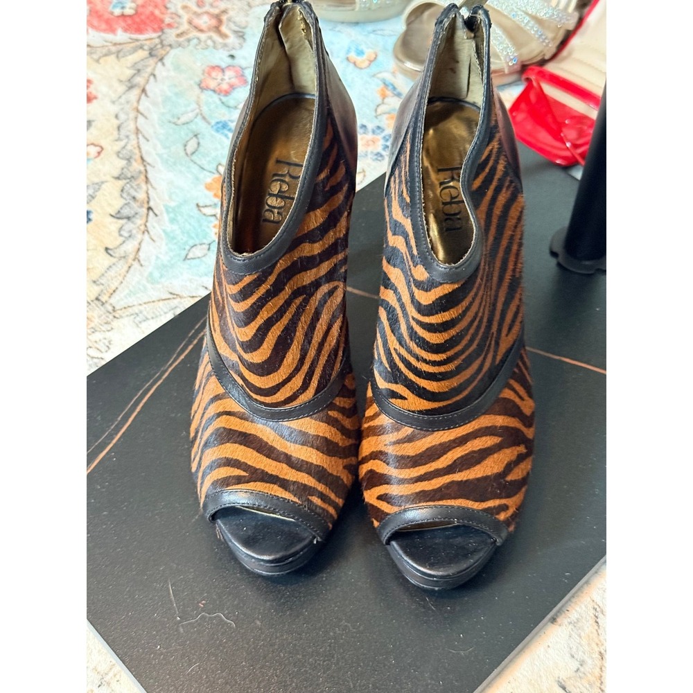 Reba Zebra Print Cow Hair Peep Toe Ankle Booties Heels Women's Size 7.5M